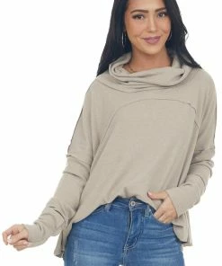 Blue B Oatmeal Cowl Neck Long Sleeve Brushed Knit Top Tops