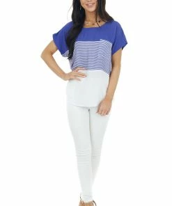 Staccato Tops Royal Blue And White Colorblock Striped Short Sleeve Top