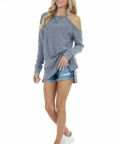 Doe & Rae Tops Dusty Blue Two Toned Long Sleeve Top With Cold Shoulder