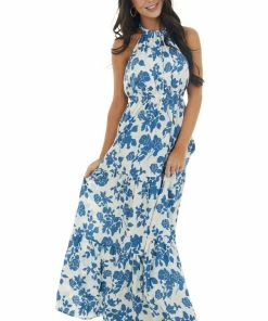 Dress Day Steel Blue And Ivory Floral Print Maxi Dress