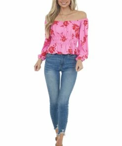 Entro Hot Pink And Red Floral Print Off The Shoulder Knit Top Tops