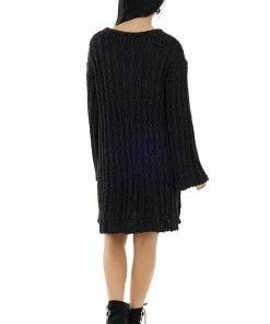 Peach Love Faded Black Chunky Ribbed Flare Sweater Dress