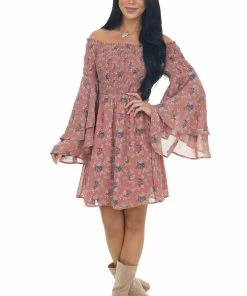 Jodifl Dresses Rose Taupe Floral Print Long Sleeve Off The Shoulder Dress