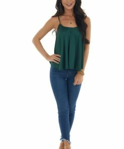 She + Sky Forest Green Satin Flowy Round Neckline Top