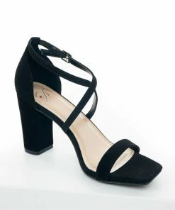 FORTUNE DYNAMIC Black Square Toe High Heels With Ankle Strap Shoes