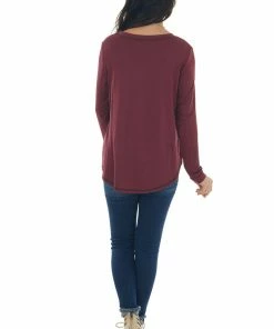 143 Story Wine Exposed Stitch Chest Pocket Knit Top Tops