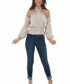 Peach Love Light Latte Swiss Dot Off Shoulder Halter Top Tops 31 Peach Love Light Latte Swiss Dot Off Shoulder Halter Top Tops