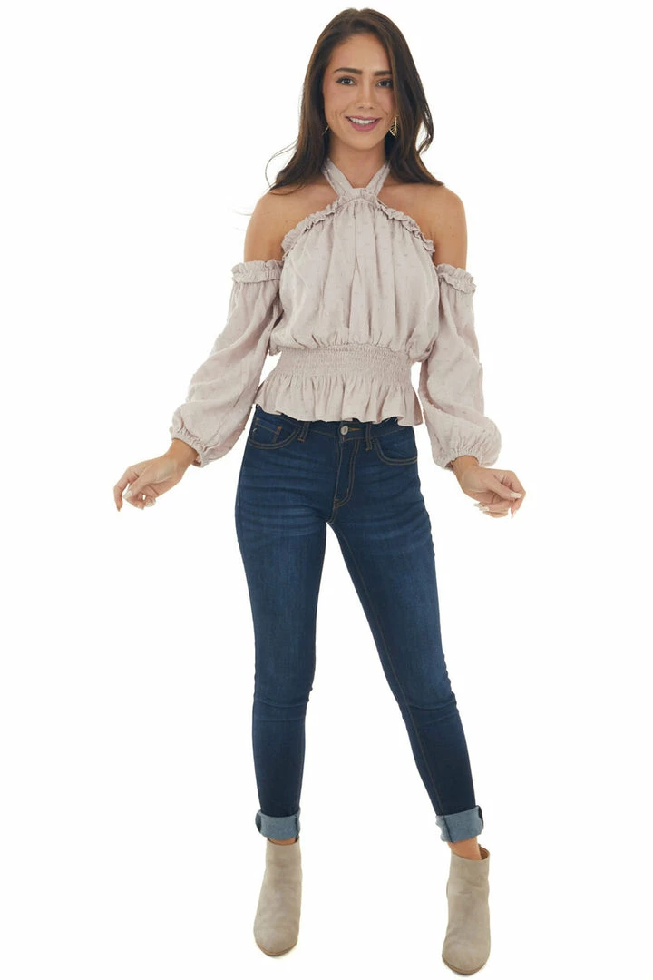 Peach Love Light Latte Swiss Dot Off Shoulder Halter Top Tops 16 Peach Love Light Latte Swiss Dot Off Shoulder Halter Top Tops