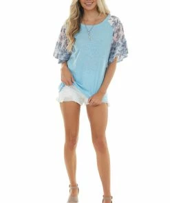 BiBi Azure And Floral Print Sleeve Raglan Top Tops