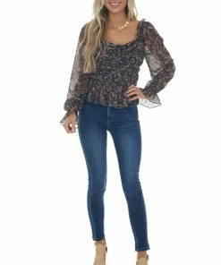 FSL APPAREL Tops Black Paisley Print Smocked Back Peplum Blouse