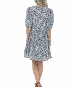 Staccato Lavender Floral Print Surplice Dress With Short Sleeves Dresses