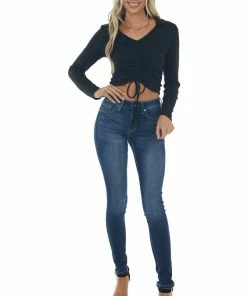 She + Sky Tops Black Adjustable Ruched Collared Knit Top