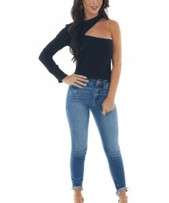 Lush Clothing Black Ribbed Knit One Shoulder Cut Out Top