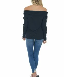 BiBi Black Folded Off The Shoulder Ribbed Top