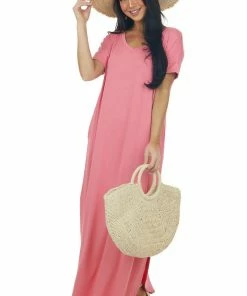 ZENANA Dresses Punch Short Sleeve Maxi Dress With Side Slits