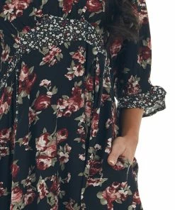 Umgee Black Mixed Floral Print V Neck Short Dress Dresses