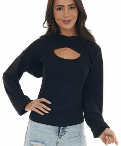 HYFVE Black Ribbed Tank Top And Cropped Hoodie Set Tops