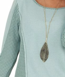 BiBi Tops Sage Long Sleeve Waffle Knit Top With Contrast Detail