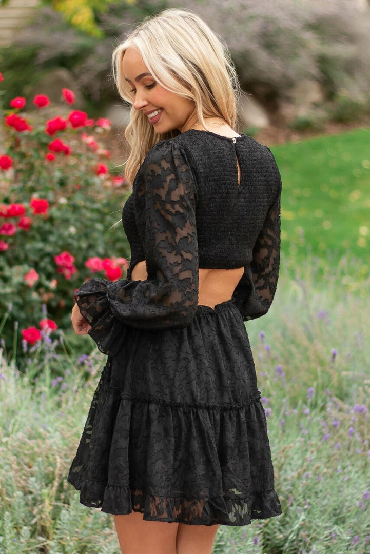 Peach Love Black Floral Textured Cut Out Waist Mini Dress Dresses 20 Peach Love Black Floral Textured Cut Out Waist Mini Dress Dresses