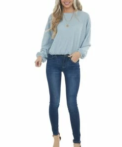 Wishlist Powder Blue Long Bubble Sleeve Stretchy Ribbed Knit Top