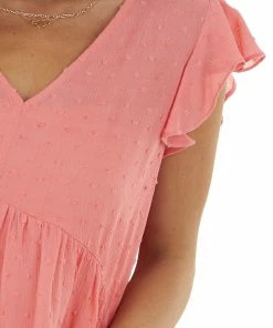 Staccato Coral Swiss Dot Babydoll V Neck Blouse Tops 33 Staccato Coral Swiss Dot Babydoll V Neck Blouse Tops