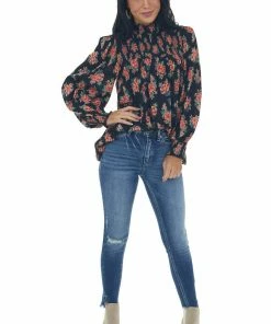 ANGIE Tops Black Floral Print Long Sleeve Smocked Blouse