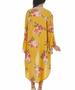Davi & Dani Mustard Yellow Floral Print Kimono With Flare Sleeves Kimonos