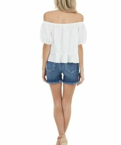Ces Femme Tops Ivory Short Puff Sleeves Woven Crop Top With Ruffle Detail
