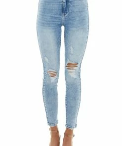 Cello Jeans Light Acid Wash High Rise Jeans With Light Distressing Bottoms