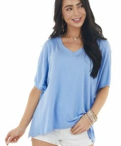 Caramela Tops Cornflower Blue Short Sleeve Oversized Soft Knit Top