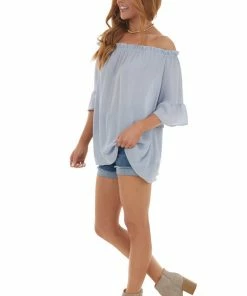 143 Story Powder Blue Off The Shoulder Ruffle Blouse Tops