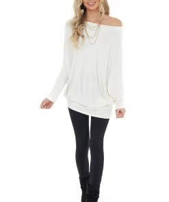 Cherish Cream Long Dolman Sleeve Knit Top With Asymmetrical Hemline
