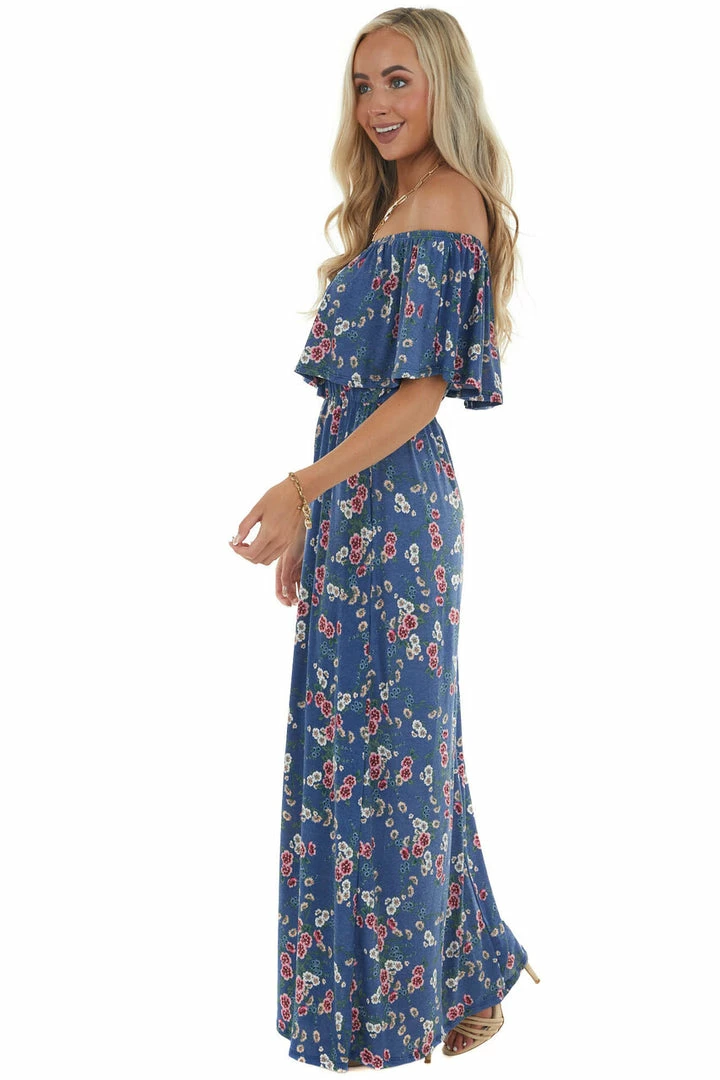 Celeste Design Navy Floral Print Ruffle Overlay Maxi Dress Dresses 8 Celeste Design Navy Floral Print Ruffle Overlay Maxi Dress Dresses