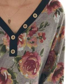 Haptics Taupe Floral Print Long Sleeve V Neck Knit Top Tops