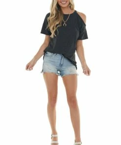 HEIMISH Charcoal Short Sleeve Cold Shoulder Stretchy Knit Top Tops