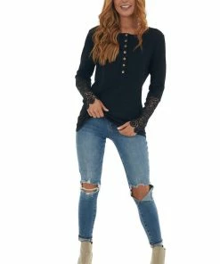 BiBi Black Long Lace Sleeve Ribbed Henley Top