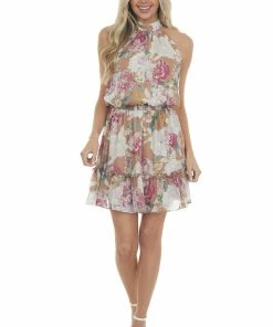 Sweet Lemon Latte Floral Ruffle Halter Neck Short Dress