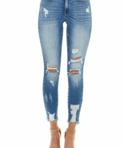 KanCan Mid Wash High Rise Shark Bite Hem Denim Jeans Bottoms