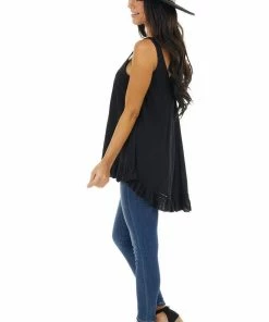 ANGIE Heathered Black Knit Tank Top With Ruffle And Lace Details