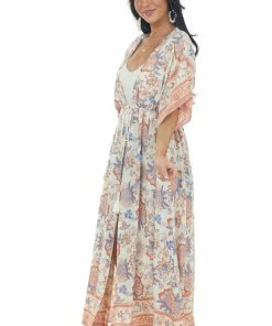 Ces Femme Cream Floral Print Tie Waist Duster Kimono