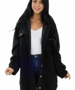 Flying Tomato Black Sherpa Button Up Longline Jacket Outerwear