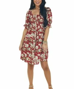 Jodifl Cranberry Red Floral Print Smocked Short Dress