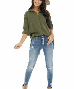 Umgee Tops Olive Button Up Collared Long Sleeve Top With Chest Pockets 30 Umgee Tops Olive Button Up Collared Long Sleeve Top With Chest Pockets