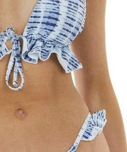 Envya Navy Tie Dye Tie Closure Top Bikini Set With Frill Details Accessories