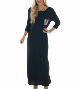 Now N Forever Black Maxi Dress With Leopard Contrast Details