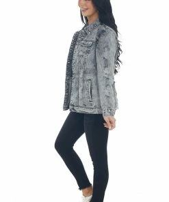 Shewin Black Acid Washed Distressed Denim Jacket