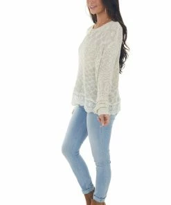 Davi & Dani Vanilla Stretchy Knit Sweater With Lace Detail Tops