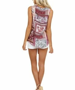 Andree Plum Floral Multi Print Sleeveless V Neck Top With Tie Tops