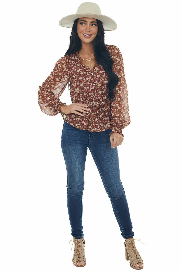 Blu Pepper Tops Sangria Floral Long Sleeve Button Front Blouse 14 Blu Pepper Tops Sangria Floral Long Sleeve Button Front Blouse