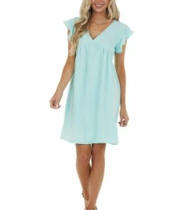 143 Story Mint Flutter Sleeve Babydoll Short Dress